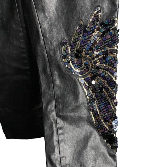 Venus Women's Black Faux Leather Sequin Wing Stretch Tapered Leg Pants - Picture 6 of 11